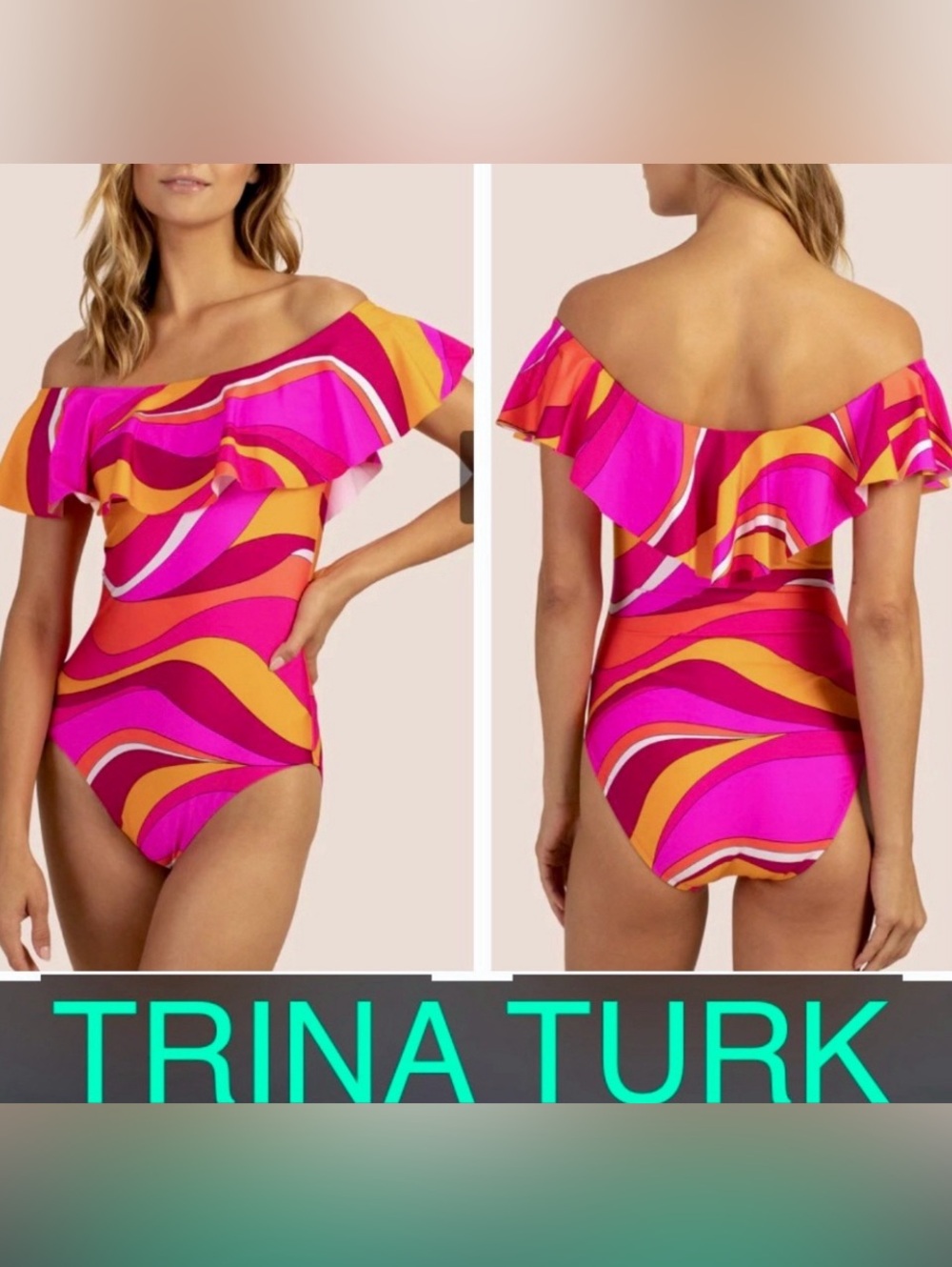 TRINA TURK Vivid Vista Off the Shoulder one piece swimsuit pink orange